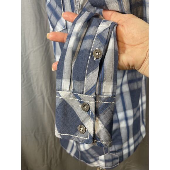 BKE Western Tailored Fit Shirt Mens L LongSleeve Blue Plaid Metal Buttons - Picture 4 of 10